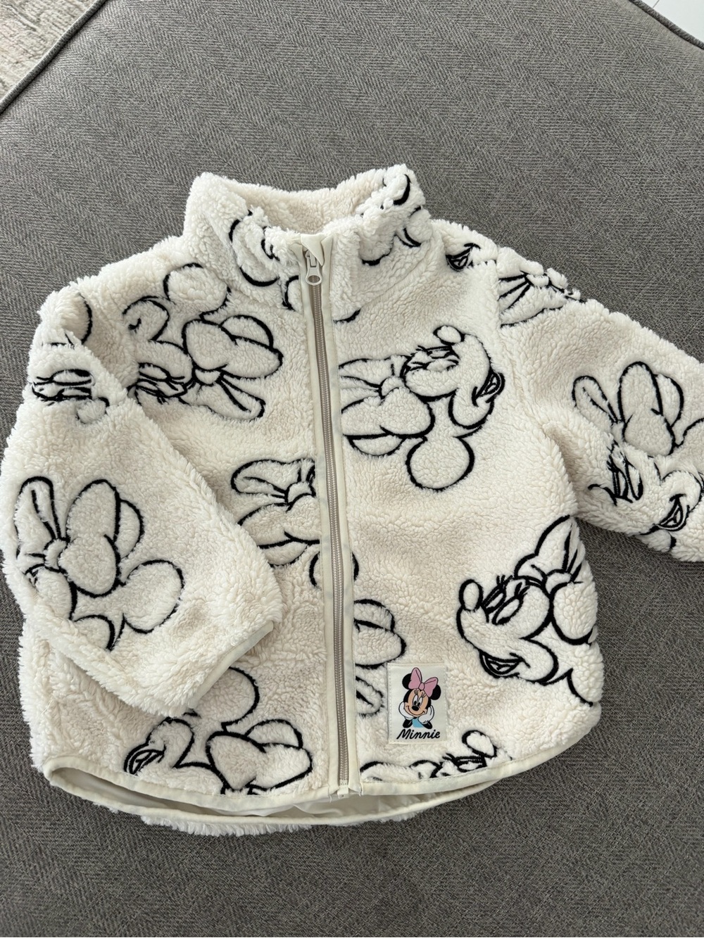 H&M White Sherpa Jacket with Black Minnie Mouse Print